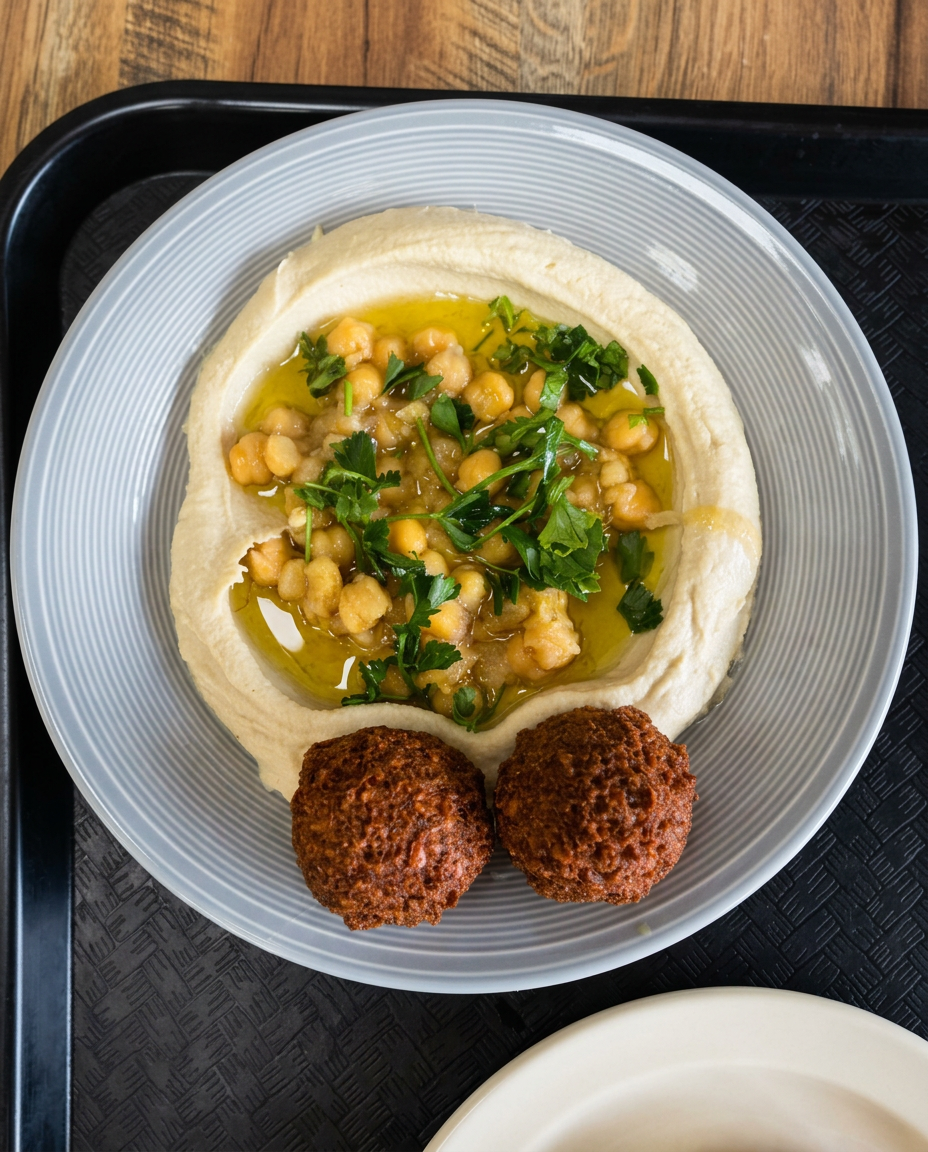 Hummus Village signature plate with hummus, chickpeas, and falafel